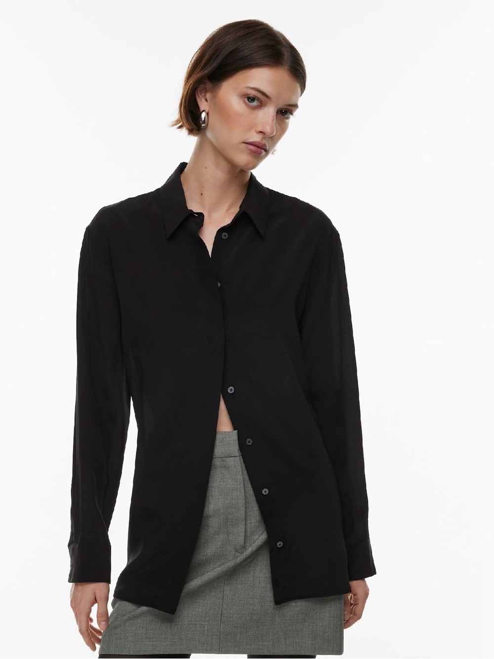 Aritzia Babaton Academy 100% Silk Blouse Black Button Up Shirt Size Large